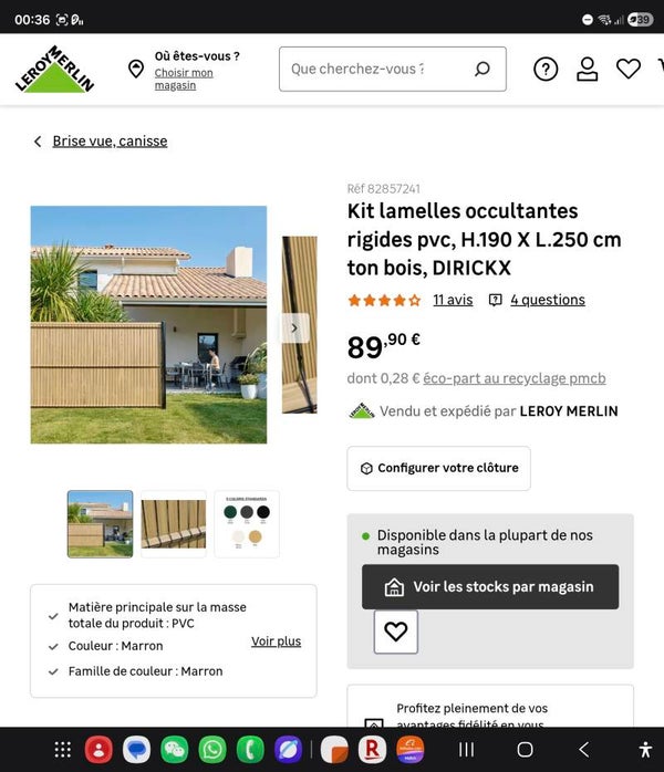 Kit lamelles occultantes rigides pvc, H.190 X L.250 cm ton bois, DIRICKX