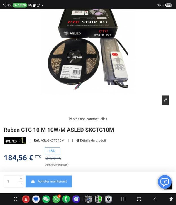 ASLED  Kit comprenant 1 ruban Led 24 V CTC IP20 de longueur 10 mètres, 1 alimentation et 1 télécommande Réf. SKCTC10M