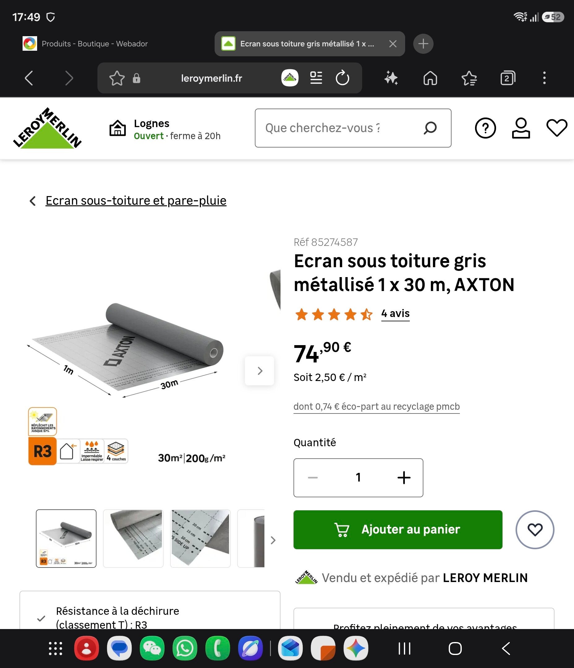 Ecran sous toiture gris métallisé 1 x 30 m, AXTON
