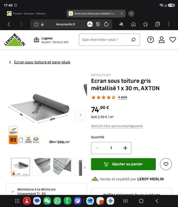 Ecran sous toiture gris métallisé 1 x 30 m, AXTON