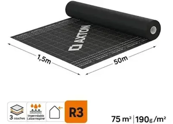 Ecran sous toiture noir 1,5 x 50 m, AXTON soprema onduline R3 et R2 par pluie bardage