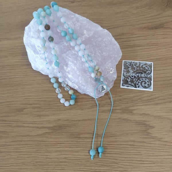 Ibizastyle ketting -  Amazoniet/ Rozenkwarts / Bergkristal