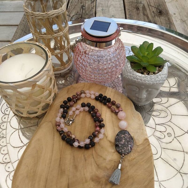 Ibizastyle ketting -  Rhodoniet / Lavasteen / Rozenkwarts