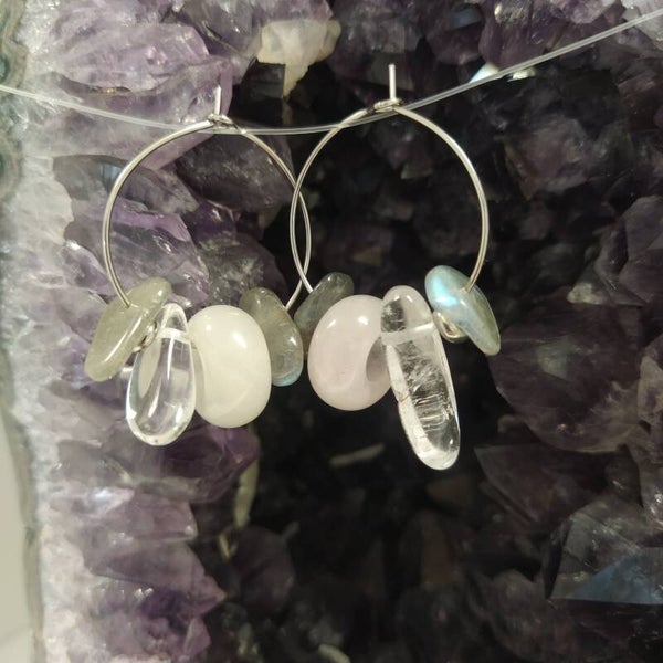 Labradoriet, Bergkristal, Rozenkwarts oorbellen