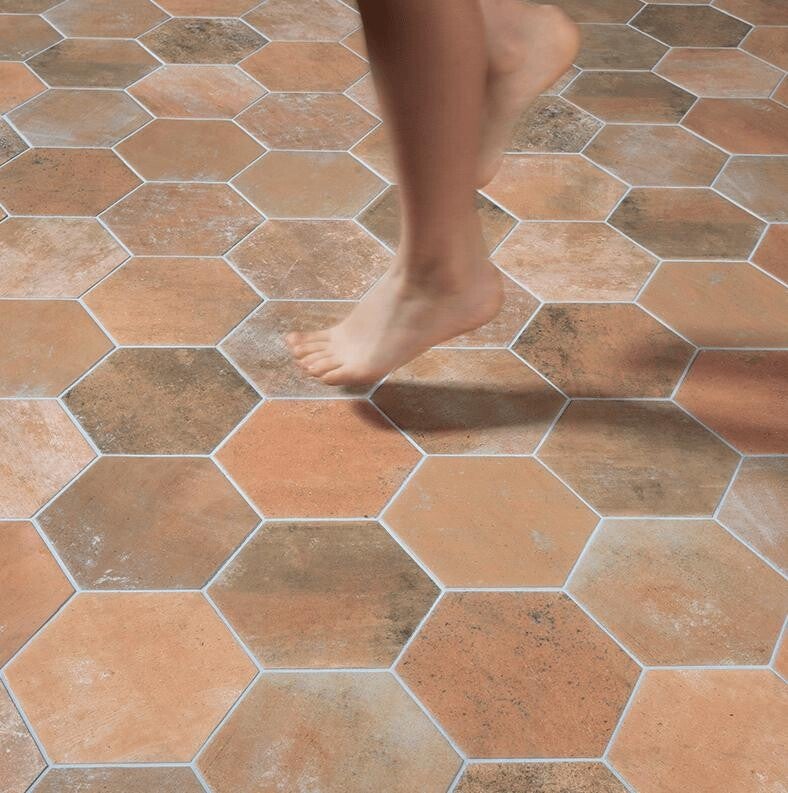 Vloertegel Brickx Terra hexagon 14x16 cm en langwerpig 6,8x27,8 cm