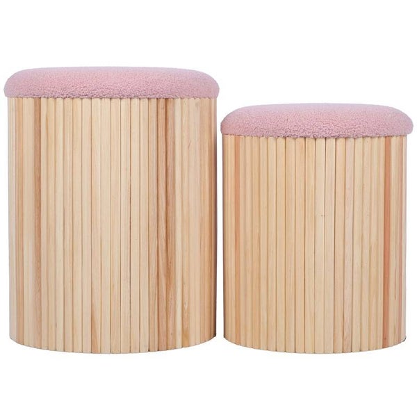Set 2 Pufs Madera Natural C/tapa Rosa Acolchada Ø36x44cm+ø32x38cm