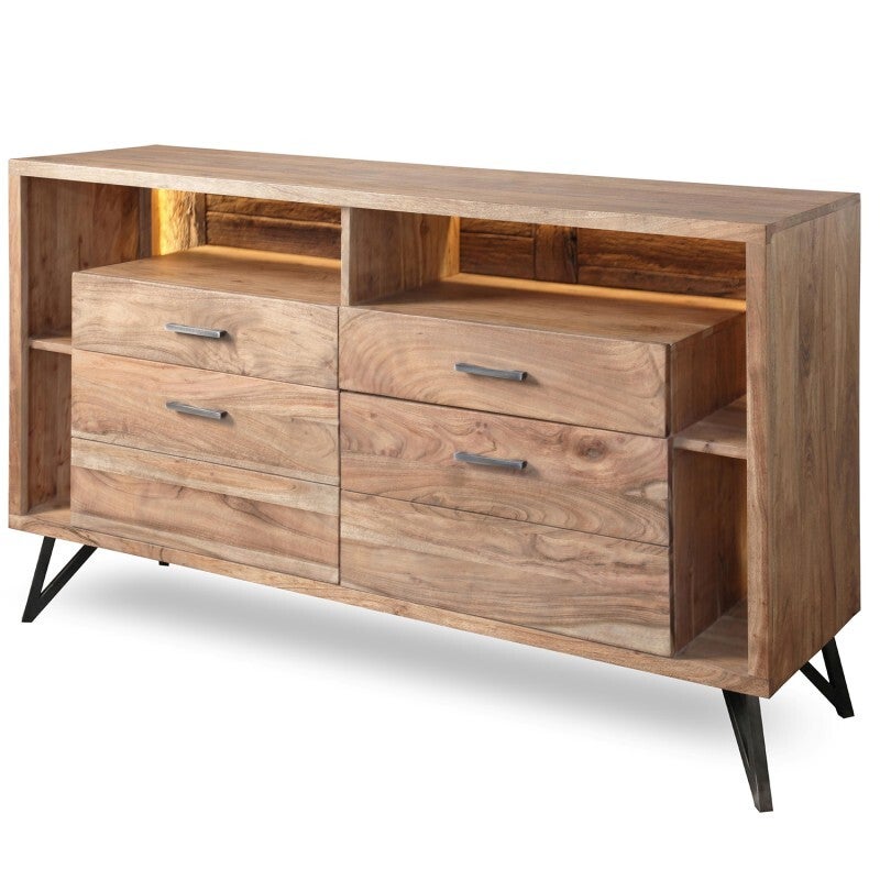 Aparador Madera Acacia C/4 Cajones C/luz Led, Patas Hierro 145x40x94cm