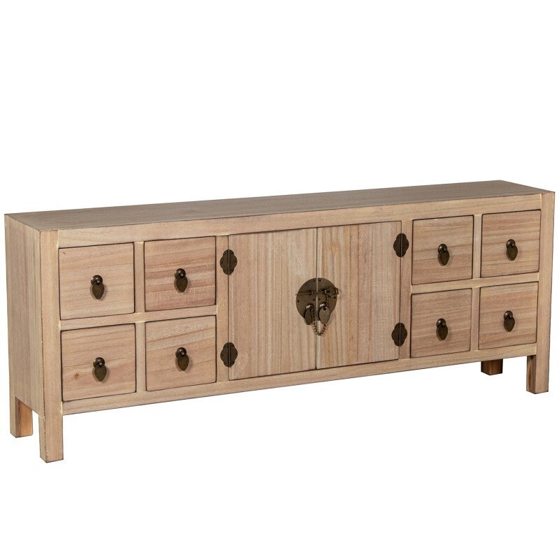 Mesa Tv C/8 Cajones Y 2 Puertas Madera Natural 130x24x50cm Dm+paulownia
