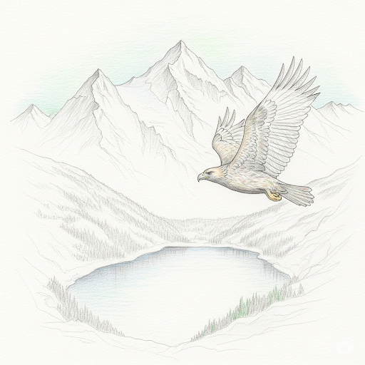 Bleistiftzeichnung eines fliegenden Adlers vor Bergen und einem Bergsee. Weitblick, Stärke und Verbindung werden symbolisiert.