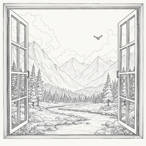 Bleistiftzeichnung, Blick aus einem Fenster auf eine Berglandschaft mit Bach, Wald und einem fliegenden Adler. Symbolisiert neue Perspektiven und wertvolle Einblicke durch den Newsletter.