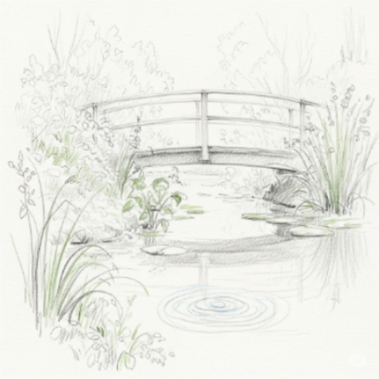 Bleistiftzeichung einer Brücke über einem Bach mit Pflanzen und Blumen, die Verbindung und fliessende Kommunikation symbolisiert.