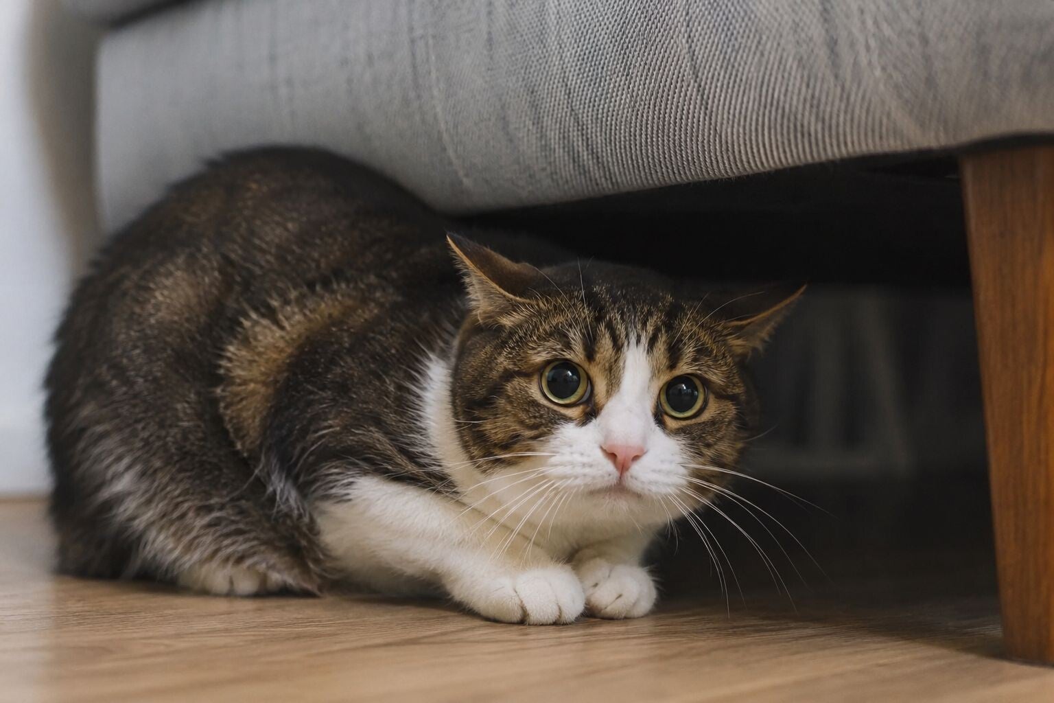 Chat stressé caché sous un canapé : signe fréquent d'anxiété et de stress chez le chat domestique.