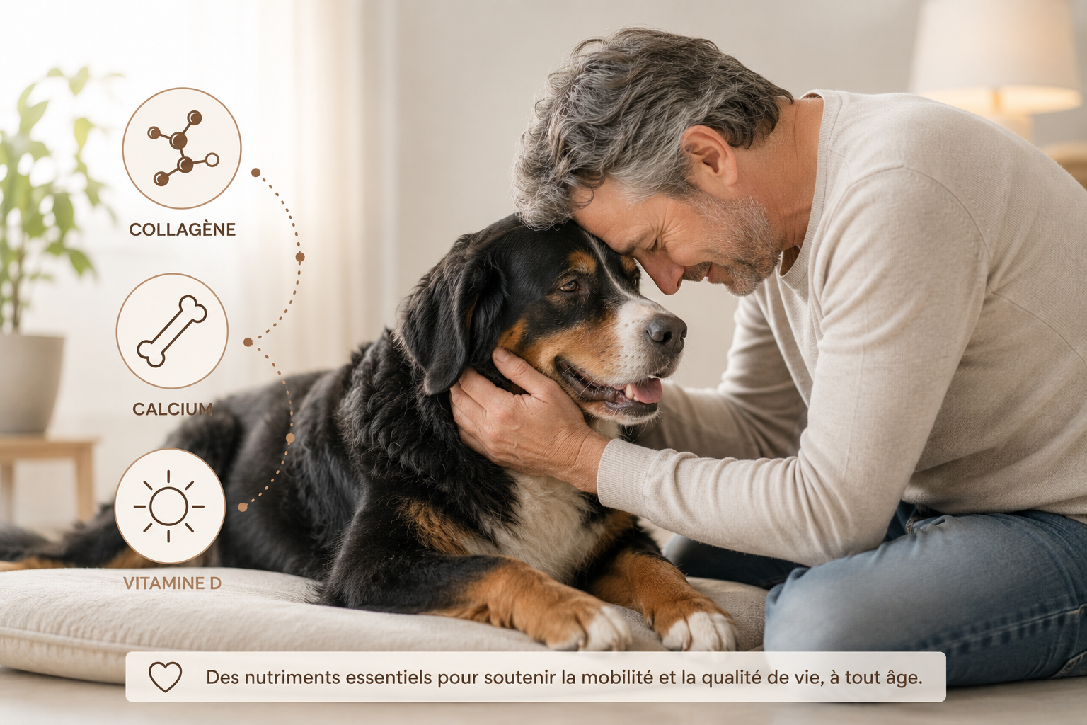 Humain et chien senior illustrant le rôle du collagène, du calcium et de la vitamine D dans le maintien des os et des articulations.