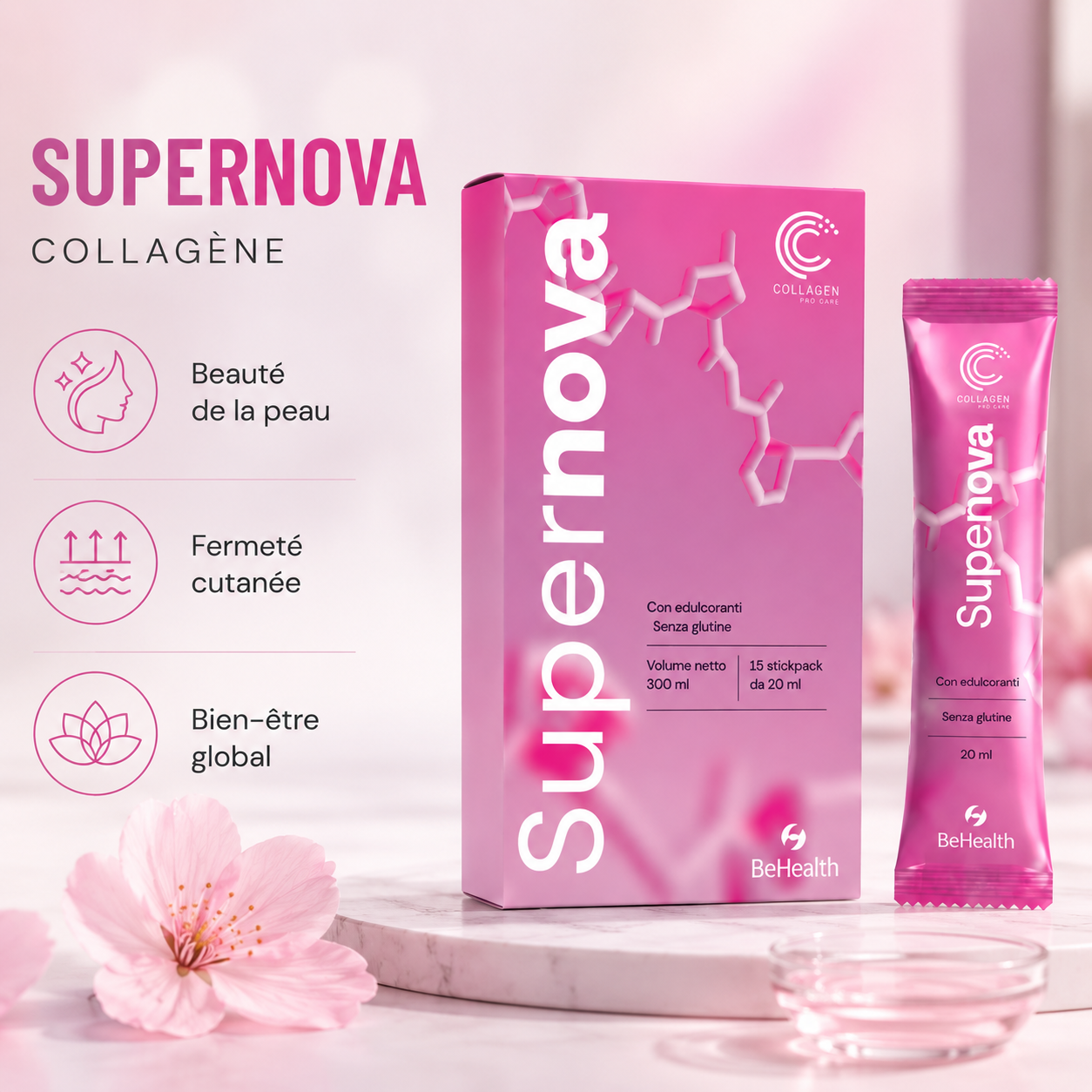Complément alimentaire Supernova Collagène pour la peau, la fermeté cutanée, l'élasticité et le soutien du collagène naturel.