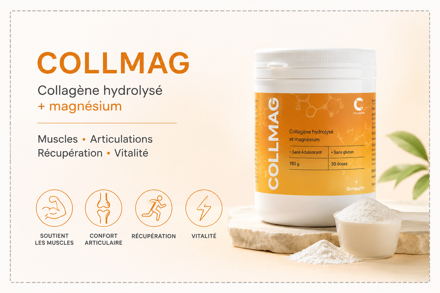 CollMag, complément à base de collagène hydrolysé et magnésium pour les articulations, les muscles et la récupération.