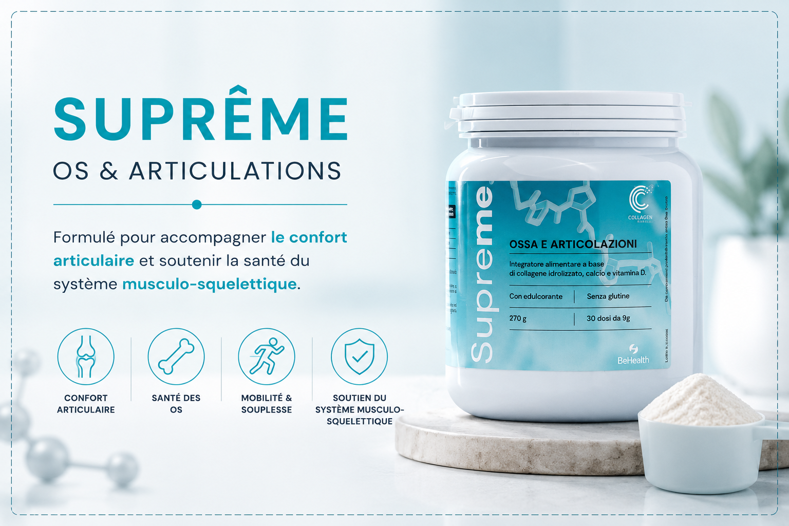 Complément alimentaire pour les articulations et les os, contribuant à la mobilité, au confort articulaire et à la santé musculo-squelettique.
