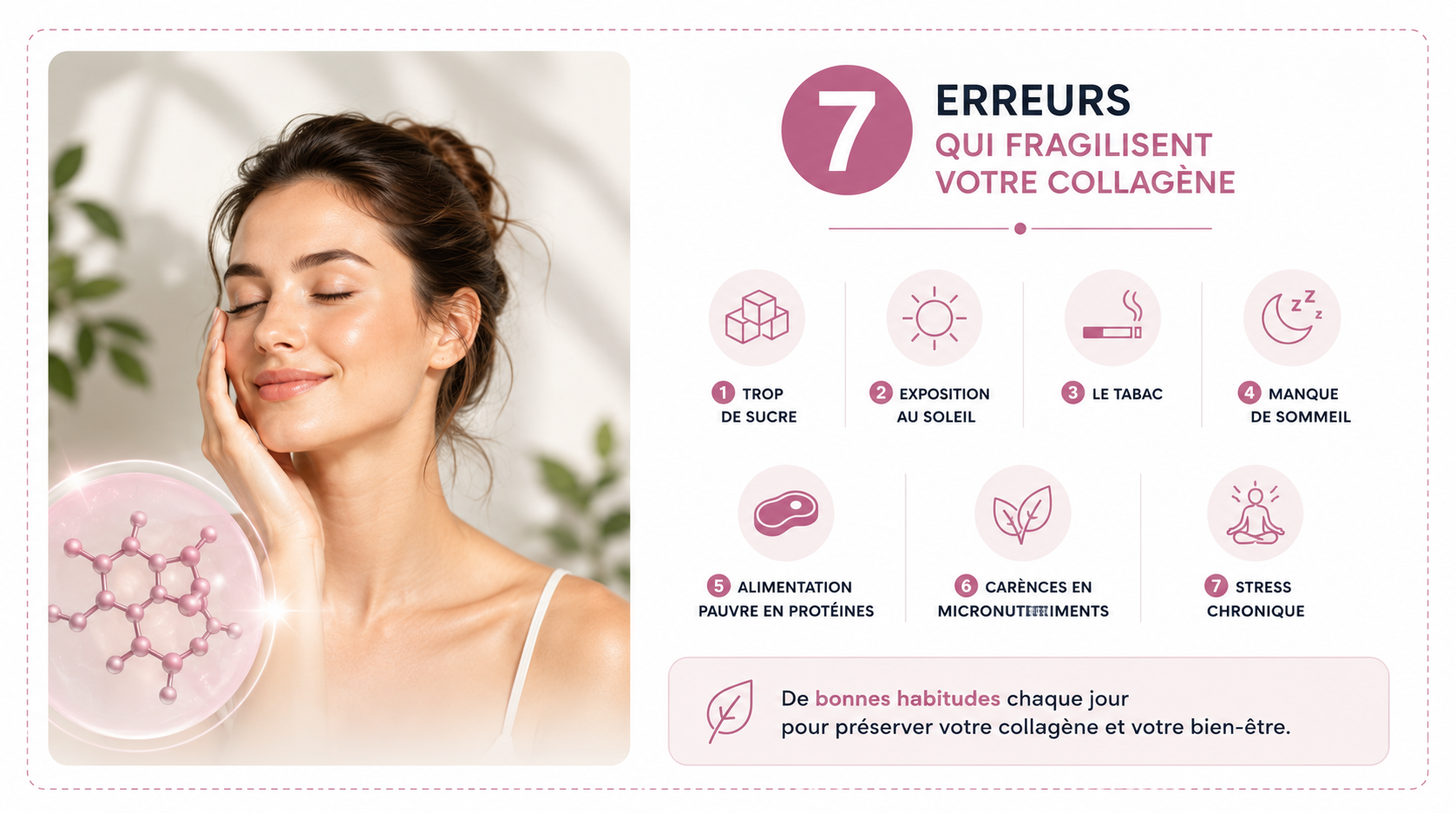 Les 7 habitudes qui accélèrent la perte de collagène : sucre, soleil, tabac, manque de sommeil, alimentation déséquilibrée, carences nutritionnelles et stress chronique.