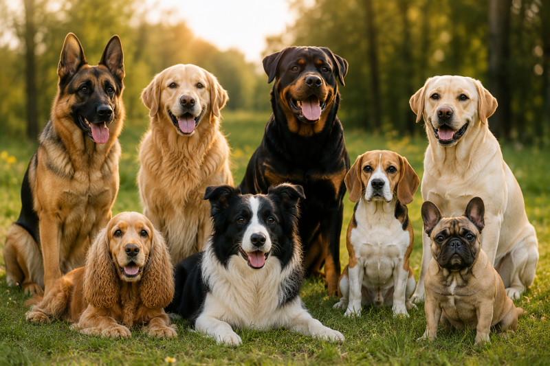 Chiens de différentes races soutenant la mobilité et les articulations naturellement – bien-être animal, prévention des douleurs articulaires chez le chien, collagène pour chien, santé articulaire canine.