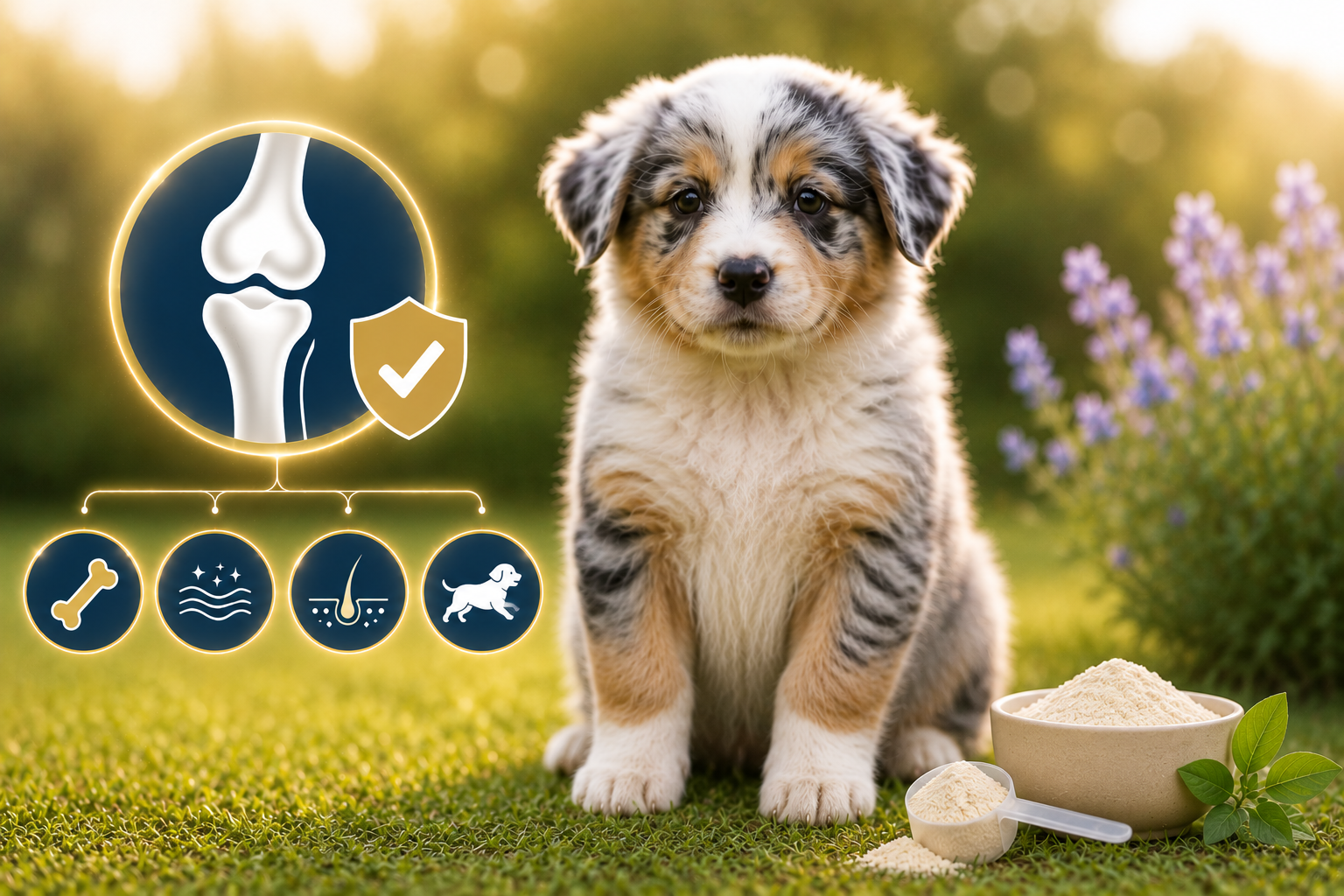 Chiot en croissance avec soutien articulaire naturel pour chiens actifs, mobilité, cartilages, peau et développement osseux harmonieux.
