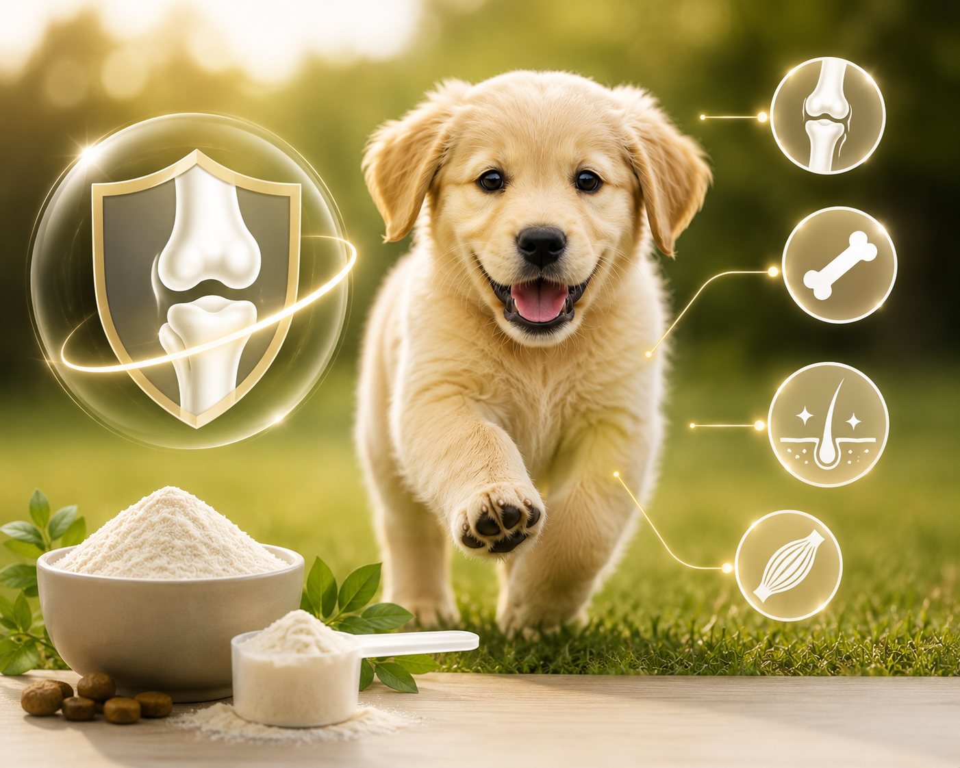 Chiot golden retriever et soutien articulaire naturel au collagène pour la croissance, la mobilité et la santé des articulations du chien.