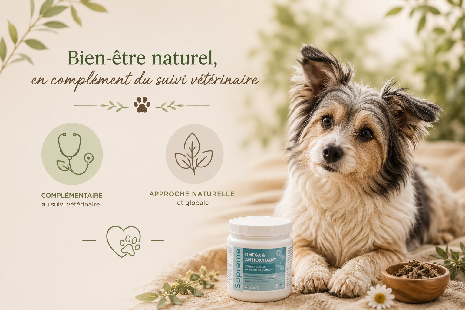 Bien-être naturel animalier avec approche complémentaire vétérinaire : naturopathie pour chien, soutien articulaire, équilibre émotionnel, digestion et vitalité naturelle au quotidien.