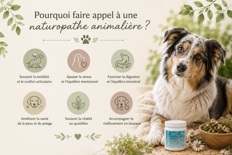 Naturopathie animalière naturelle pour chiens et chats : accompagnement du bien-être, mobilité articulaire, digestion, stress et vitalité avec approche complémentaire au suivi vétérinaire.