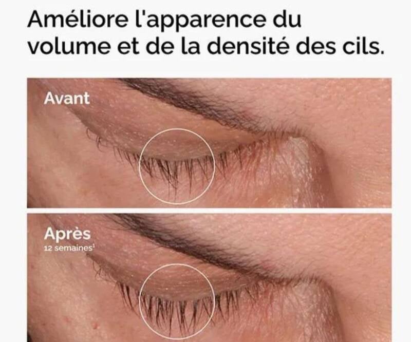 Témoignage avant/après montrant une amélioration de l’apparence, du volume et de la densité des cils après plusieurs semaines de routine beauté et soutien nutritionnel ciblé.