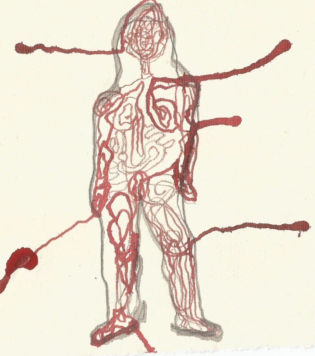 Zeichnung Körper Frau, Mensch Linien und Bewegung von innen nach außen