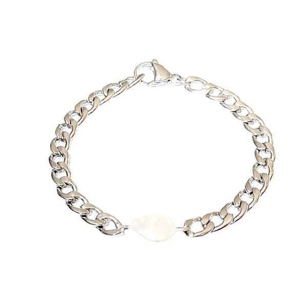 Schakelarmband Vlak Zoetwaterparel | Zilver