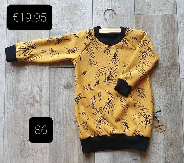 BY CHANTI Sweaterdress lange mouwen Maat 86 Geel met zwarte lijnen patroon