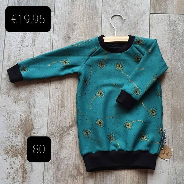 BY CHANTI Sweaterdress lange mouwen Maat 80 Groen met gouden glitter bloemen patroon