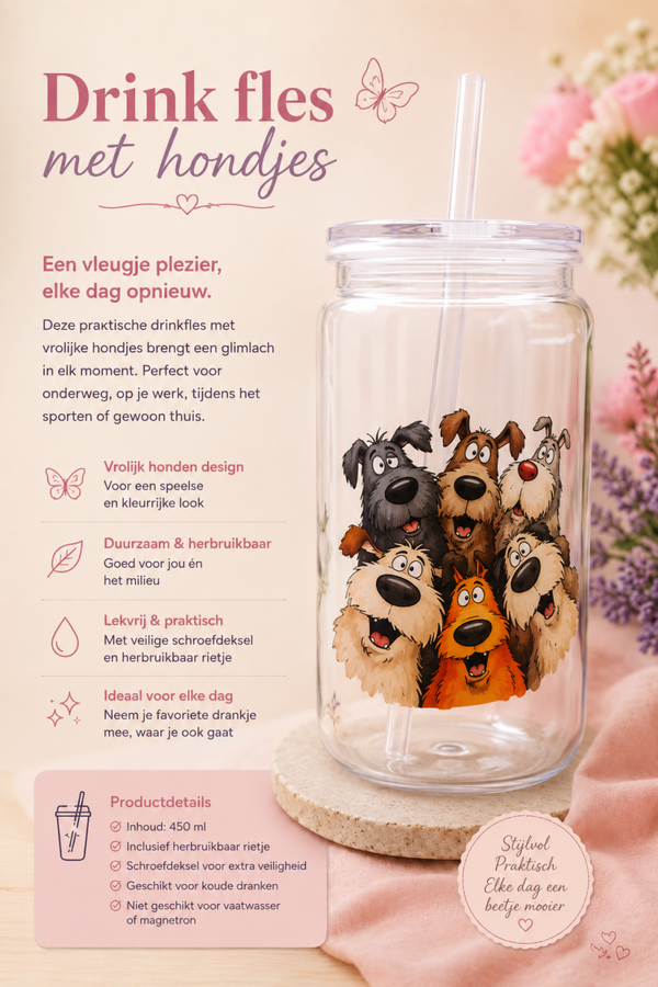 Drinkfles met vrolijke hondjes.