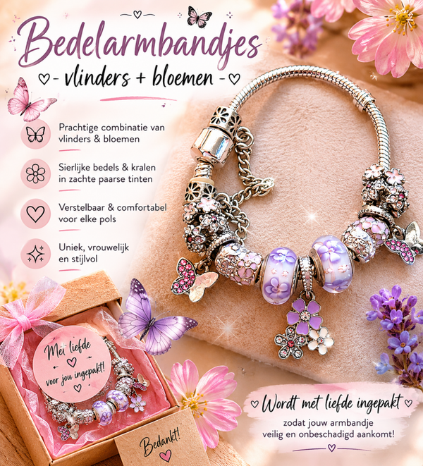 Bedel-armbandjes vlinders + bloemen.