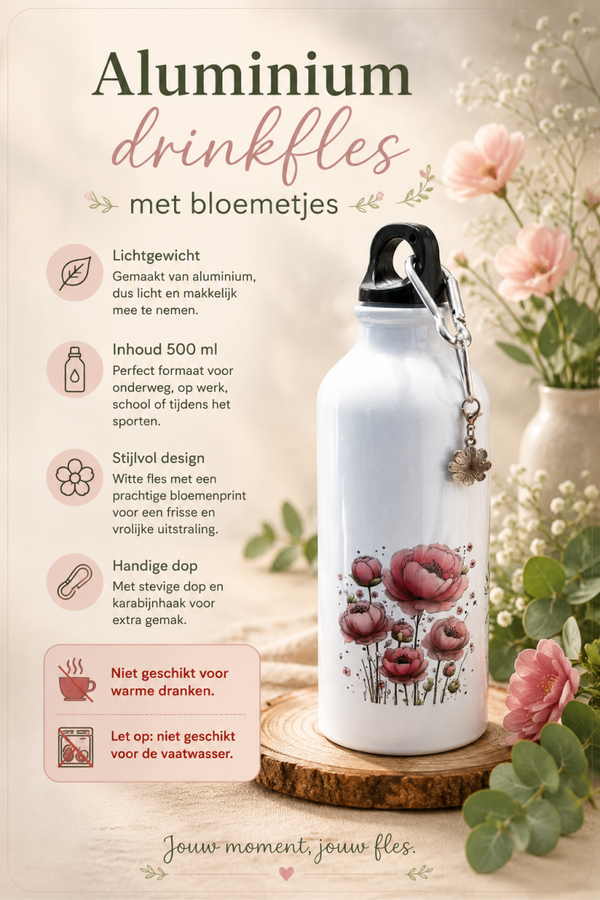 Aluminium drinkfles met bloemetjes.