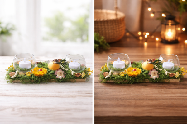 Natuurlijke tafeldecoratie met led kaarsen.