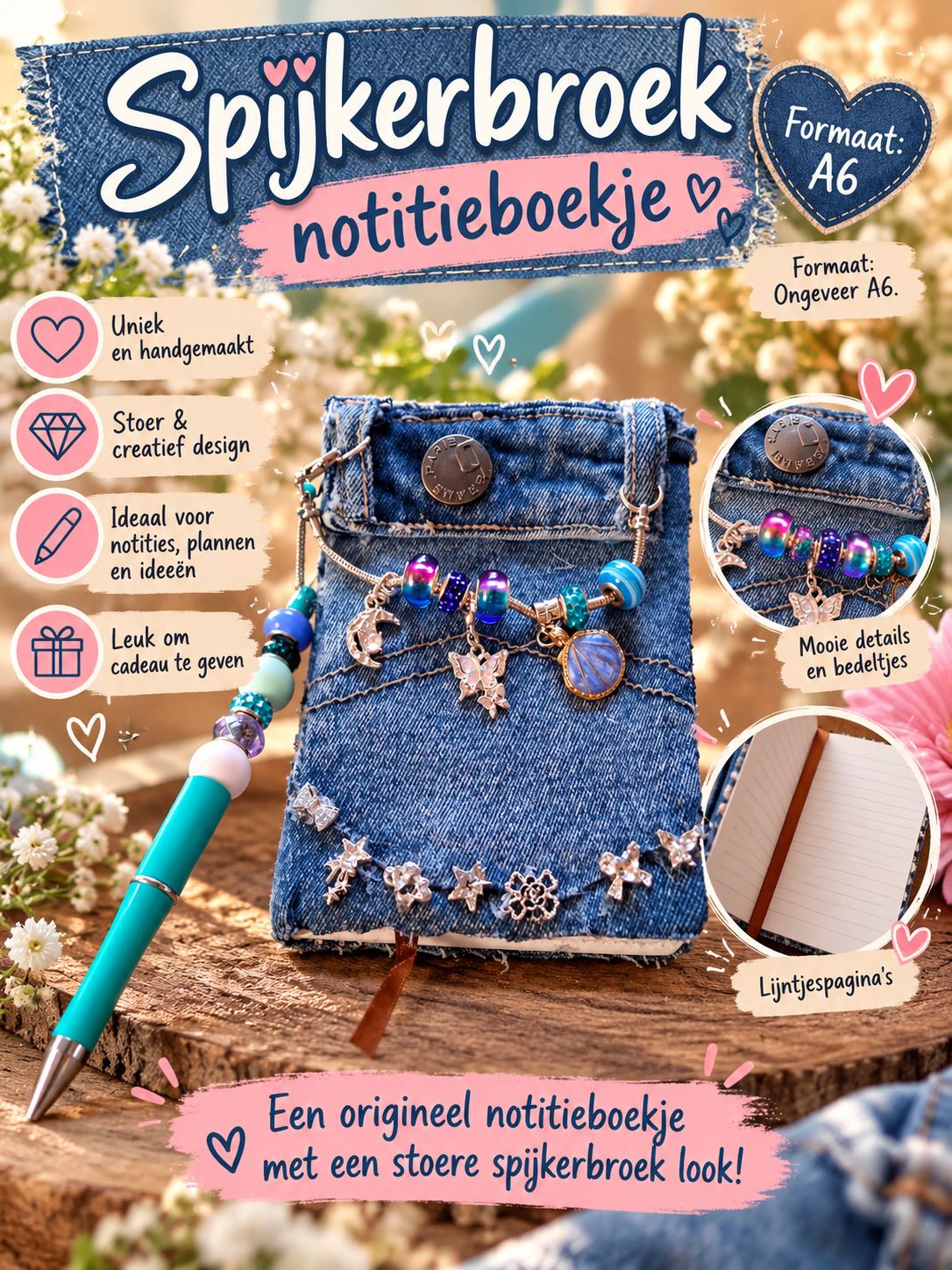 Spijkerbroek notitieboekje. Formaat ongeveer A6.