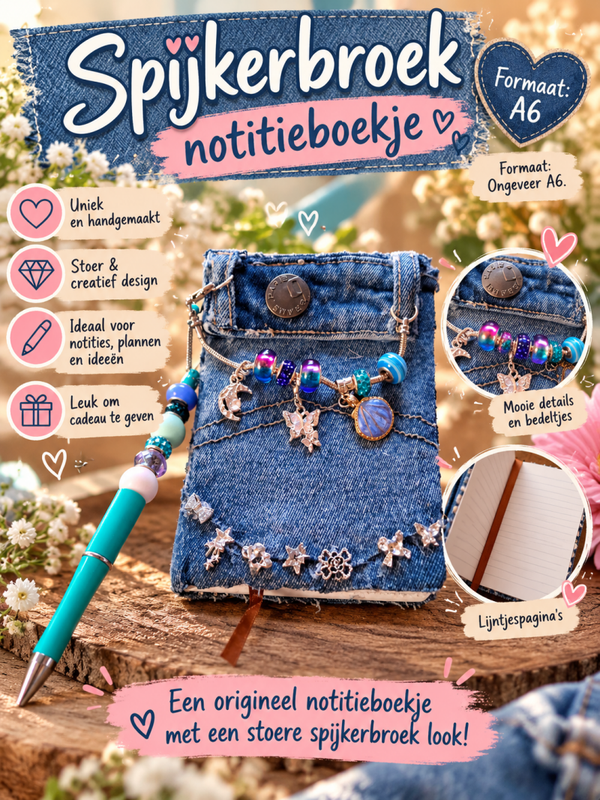 Spijkerbroek notitieboekje. Formaat ongeveer A6.