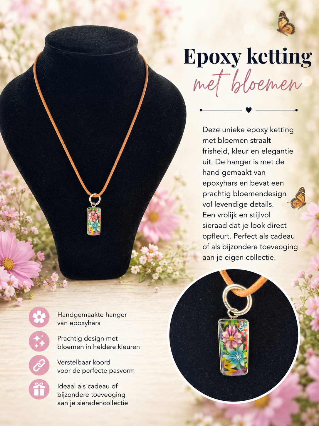 Epoxy ketting met bloemen.