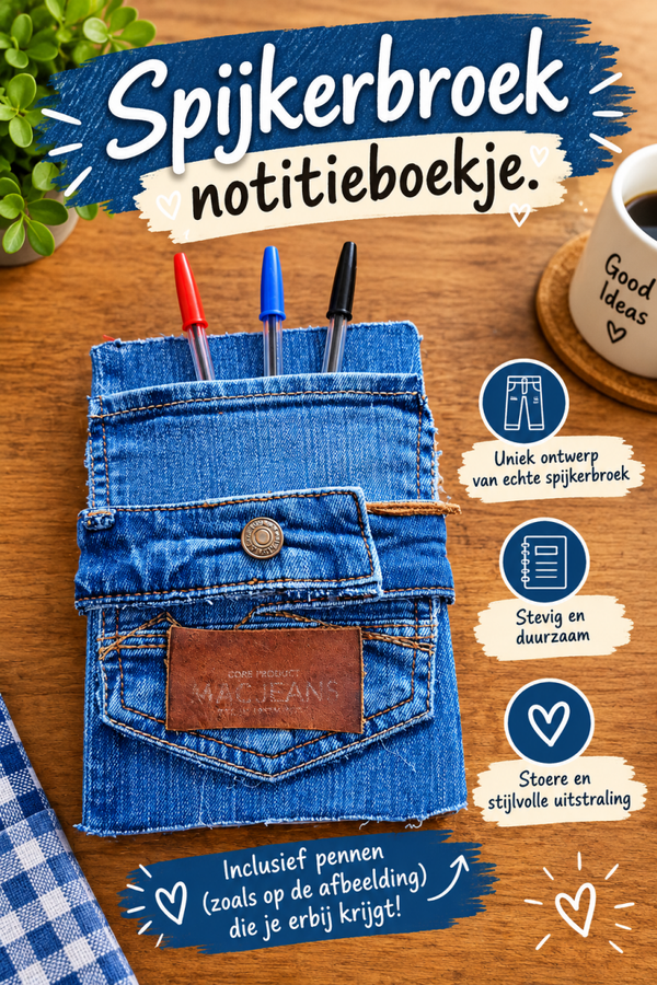 Spijkerbroek notitieboekje. Formaat: A5.