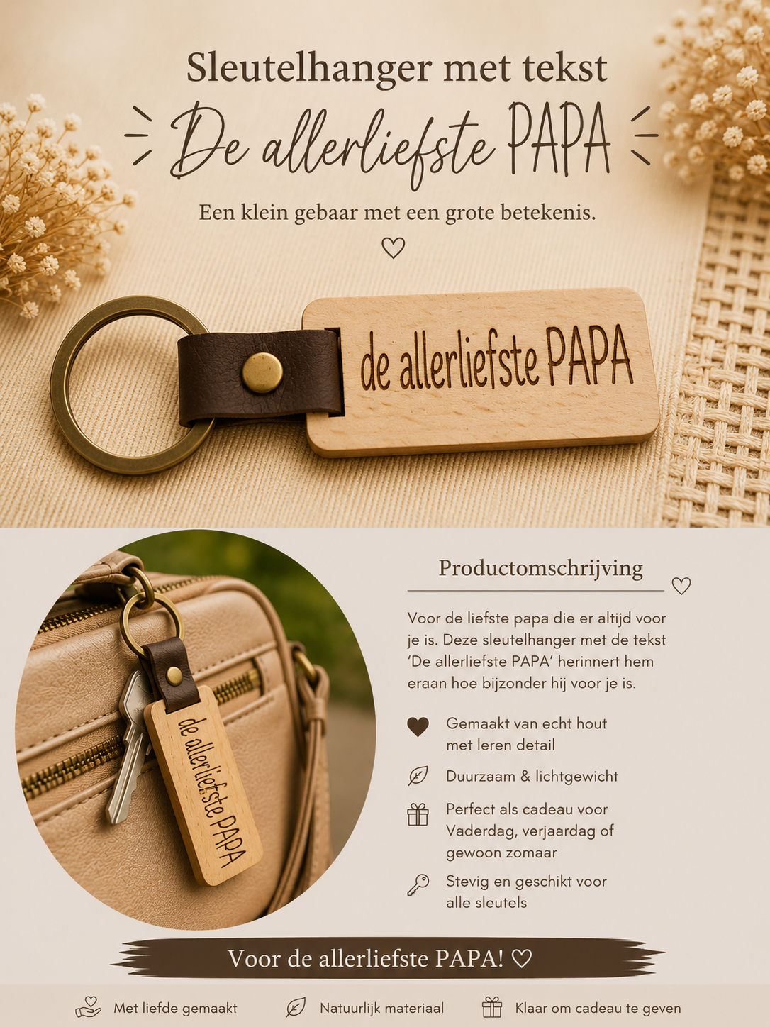 Sleutelhanger met tekst: De allerliefste PAPA.