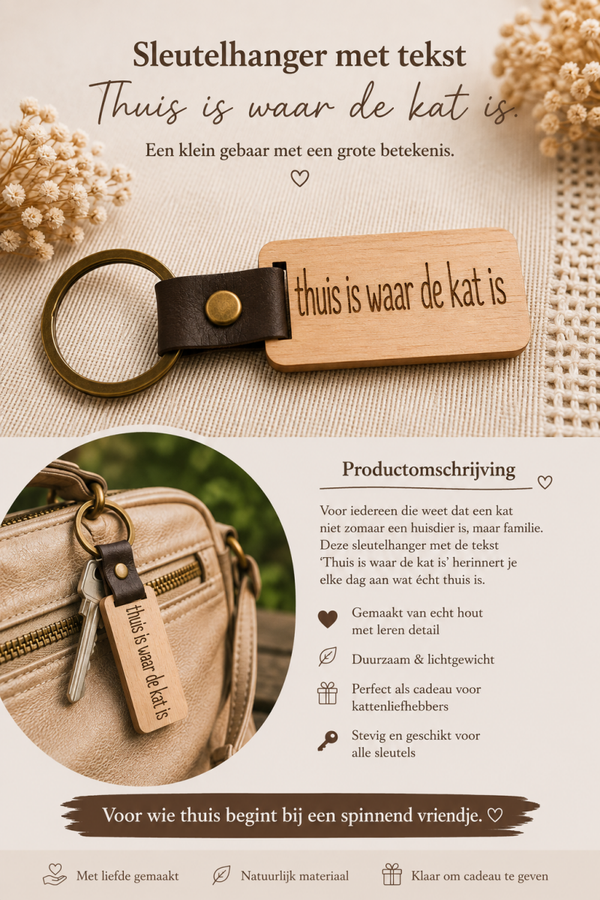 Sleutelhanger met tekst: Thuis is waar de kat is.