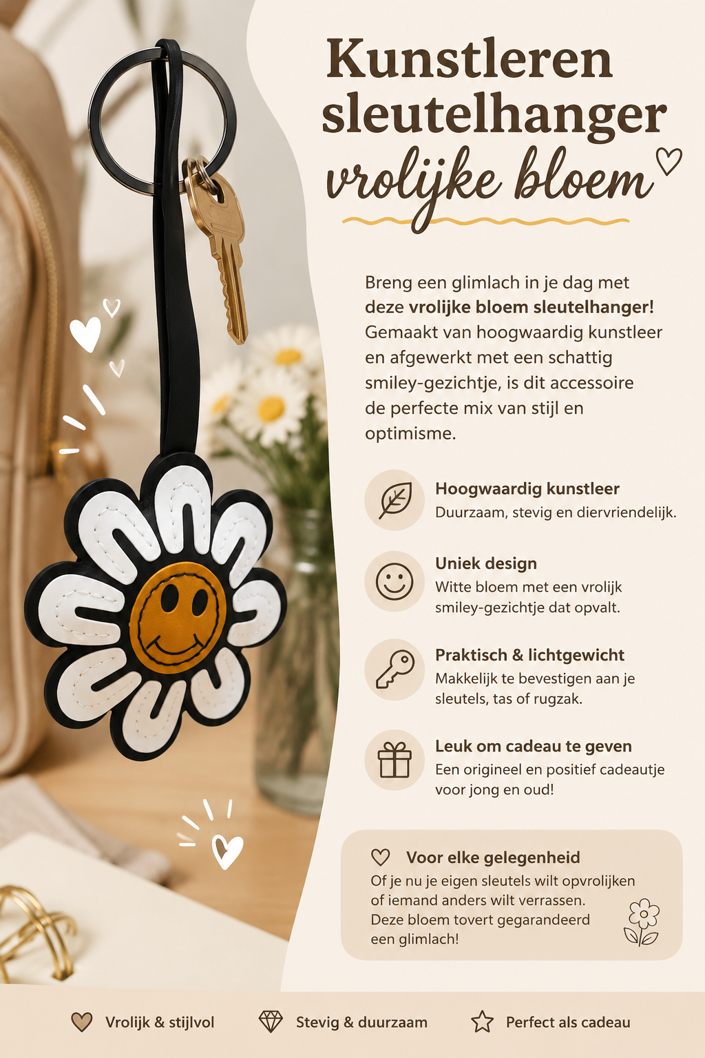 Kunstleren sleutelhanger vrolijke bloem.