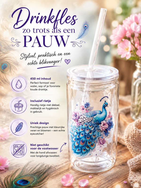 Drinkfles zo trots als een pauw.