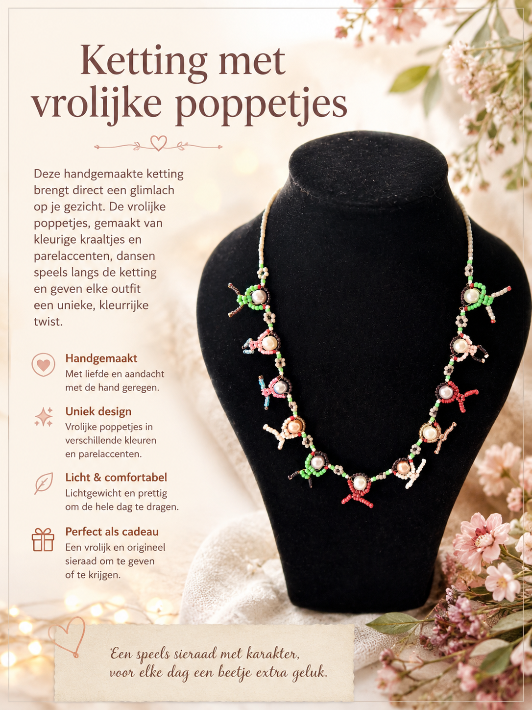 Ketting met vrolijke poppetjes.