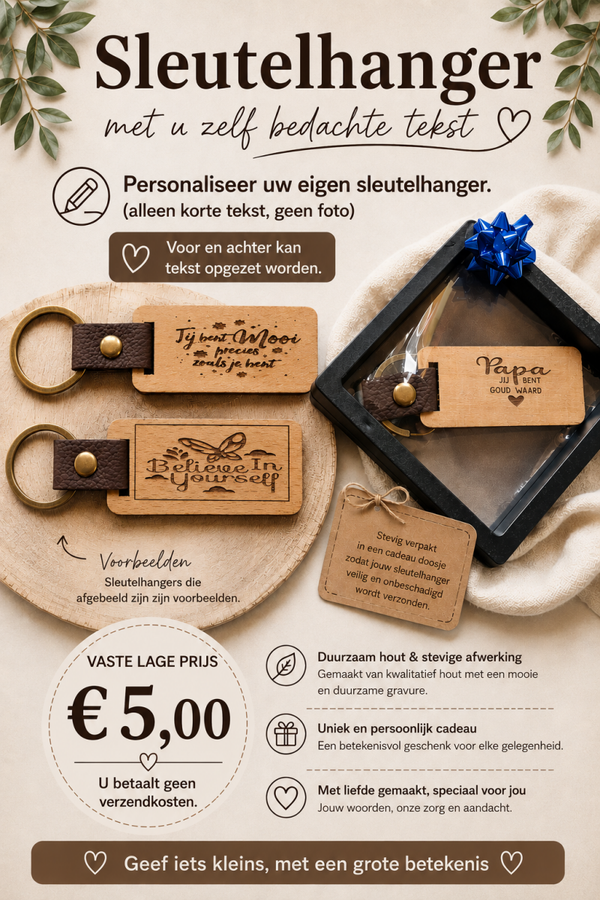 Sleutelhanger met u zelf bedachte tekst.