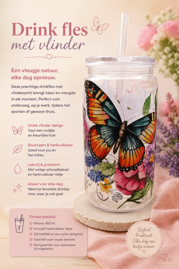 Drink fles met vlinder.