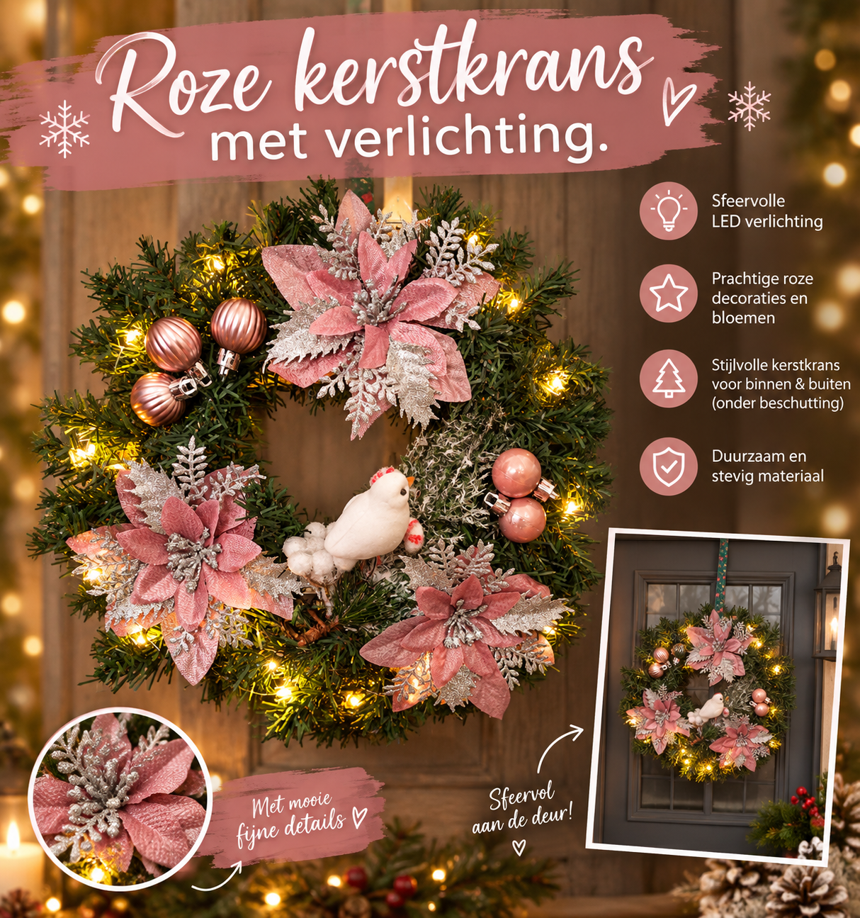 Roze kerstkrans met verlichting.