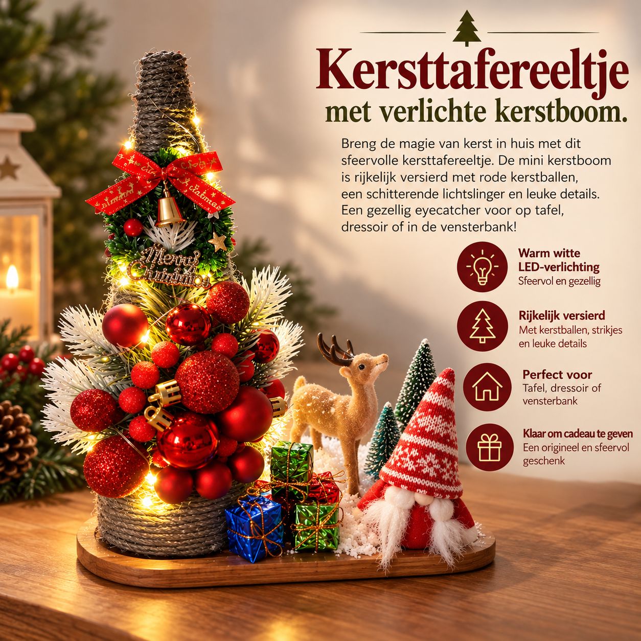Kersttafereel-tje met verlichte kerstboom.