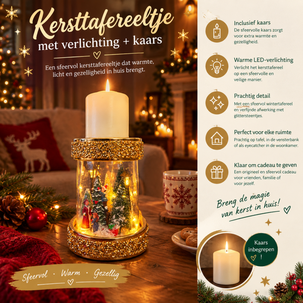 Kersttafereel-tje met verlichting + kaars.