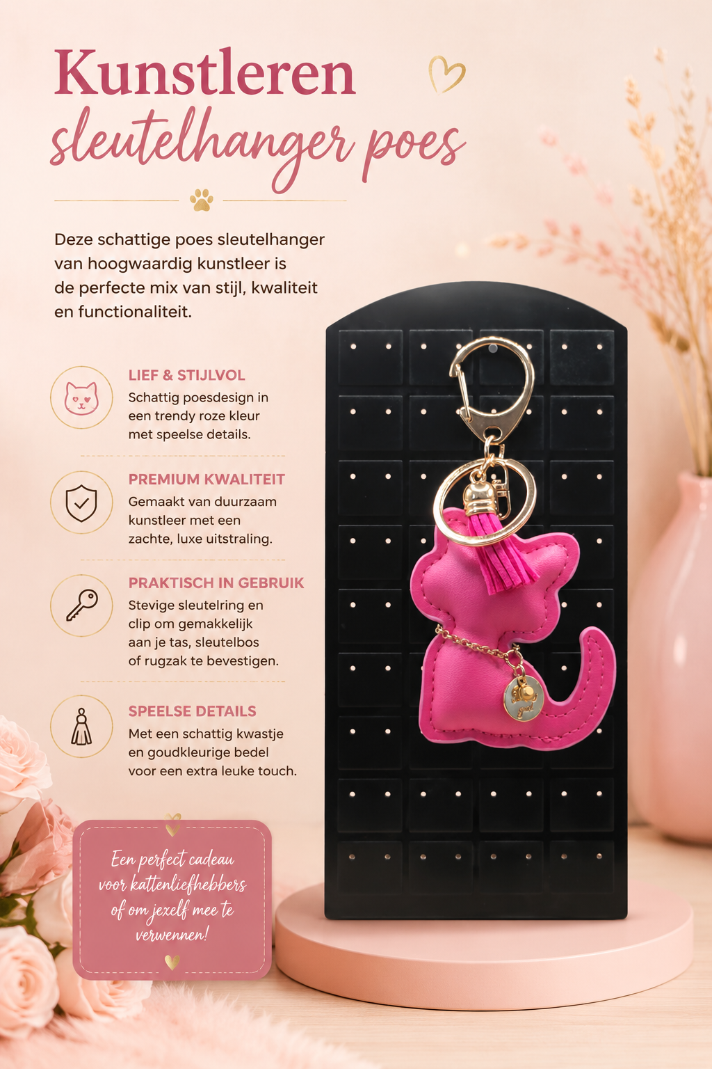 Kunstleren sleutelhanger poes.